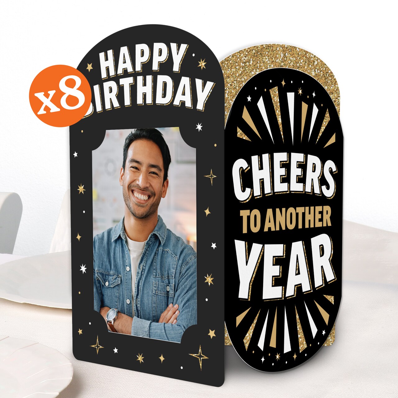 Big Dot of Happiness Happy Birthday Photo Holder Centerpieces, 4x6 Picture Display Box, Black & Gold Table Decoration for Adult Birthday Decor, 8 Ct